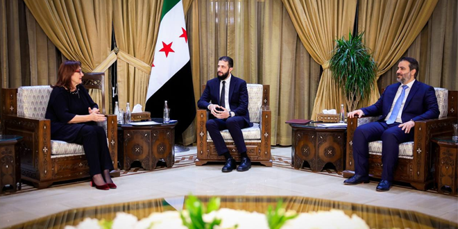 دیدار رئیس جمهور الشرع و وزیر الشیبانی با دوبراوکا شیکا کمیسر اتحادیه اروپا